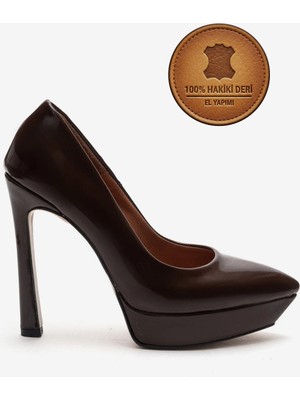 Ayakkabı Ateşi Hakiki Deri Kadın Kahverengi Rugan Platform Topuklu Ayakkabı Sivri Burun Abiye Ayakkabı Sienaderi