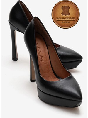 Ayakkabı Ateşi Hakiki Deri Kadın Siyah Deri Platform Topuklu Ayakkabı Sivri Burun Abiye Ayakkabı Sienaderi