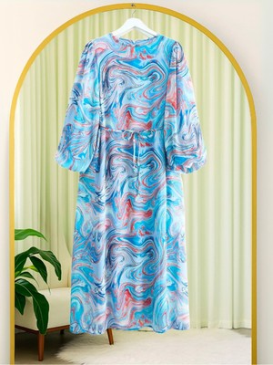Modamorfo Batik Baskılı Astarlı Şifon Elbise -Mavi