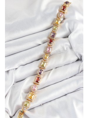 Senka Mey Ithalat® Pirinç Karışık Zirkon Taşlı Baget Model Gold Renk Vip Seri Kadın Bileklik