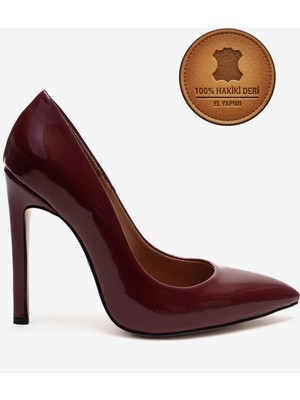 Ayakkabı Ateşi Hakiki Deri Bordo Rugan Sivri Burunlu Küt Tabanlı Stiletto Yüksek Topuklu Ayakkabı Noah