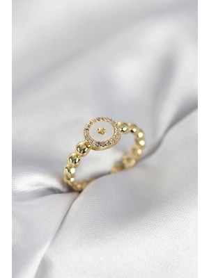 Eco Lounge Gold Renk Sedefli Yıldız Model Zirkon Taşlı Kadın Yüzük