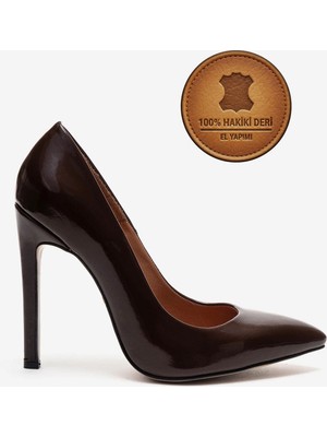 Ayakkabı Ateşi Hakiki Deri Kahverengi Rugan Sivri Burunlu Küt Tabanlı Stiletto Yüksek Topuklu Ayakkabı Noah
