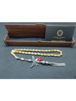 İskeçe Tesbih Ahşap Kutulu  6.75 Gr. Gümüş Püsküllü Toprak Fosi̇lli̇ 9 Gr. Rus Kaya Damla