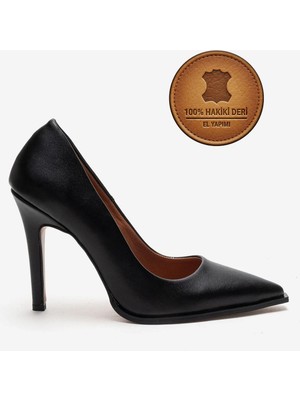 Ayakkabı Ateşi Hakiki Deri Siyah Deri Sivri Burunlu Küt Tabanlı Stiletto Yüksek Topuklu Ayakkabı Tokyovarde