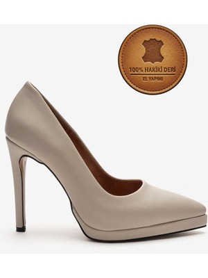 Ayakkabı Ateşi Hakiki Deri Kadın Bej Deri Platform Topuklu Ayakkabı Sivri Burun Abiye Stiletto Nicoladeri