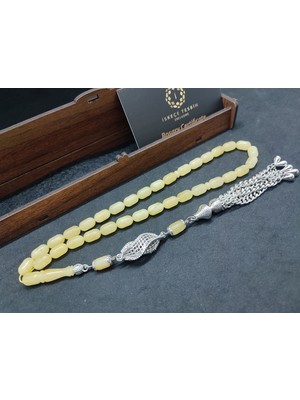 İskeçe Tesbih 475 Ayar Gümüş Püsküllü El Boy Kalingrad White Amber 16.05 Gr.sertifikalı 9629