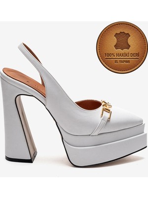 Ayakkabı Ateşi Hakiki Deri Beyaz Deri Çift Platform Tasarım Arka Açık Kadın Yüksek Topuklu Ayakkabı Pachada