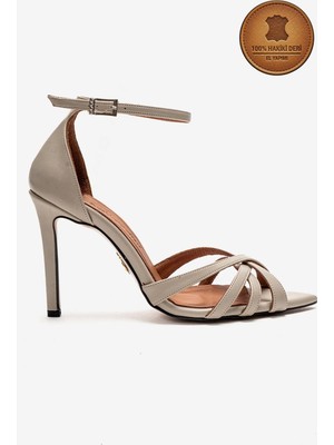 Ayakkabı Ateşi Hakiki Deri Kadın Bej Deri Ince Bantlı Ince Topuklu Tasarım Ayakkabı Concafde