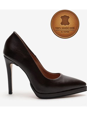 Ayakkabı Ateşi Hakiki Deri Kadın Kahverengi Deri Platform Topuklu Ayakkabı Sivri Burun Abiye Stiletto Nicoladeri