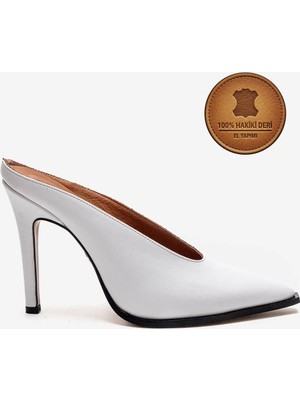 Ayakkabı Ateşi Hakiki Deri El Yapımı Beyaz Deri Sivri Burun Ince Topuklu Terlik Kobede