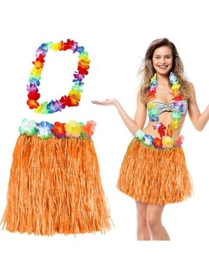 İlk El Grup Ieg™ Hawaii Luau Aloha Turuncu Püsküllü 40 cm Etek ve Hawaii Kolye Seti