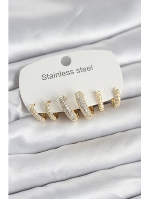 Clariss 316L Çelik Gold Renk 6'lı Set Zirkon Taşlı Halka Model Kadın Küpe