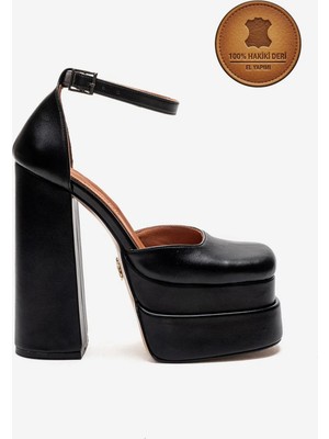 Ayakkabı Ateşi Hakiki Deri Kadın Siyah Deri Çift Platformlu Kalın Topuklu Bilekten Bağlamalı Ayakkabı Figoda