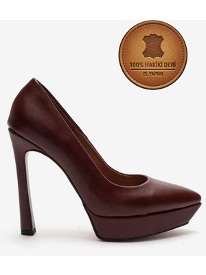 Ayakkabı Ateşi Hakiki Deri Kadın Bordo Deri Platform Topuklu Ayakkabı Sivri Burun Abiye Ayakkabı Sienaderi