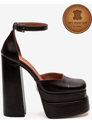 Ayakkabı Ateşi Hakiki Deri Kadın Kahverengi Deri Çift Platformlu Kalın Topuklu Bilekten Bağlamalı Ayakkabı Figoda