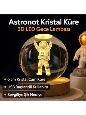 PremiumPort Astronot Temalı 3D Kristal Cam Küre LED Gece Lambası, USB ile Dekoratif Masa Işığı