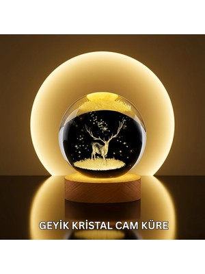 Eco Lounge Doğal Ahşap Standlı Geyik Figürlü Kristal Küre LED Dekoratif Lamba