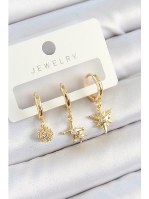 Senka Mey Ithalat® Pirinç Zirkon Taşlı Yıldız Model Gold Renk 3'lü Çift Kadın Küpe Set