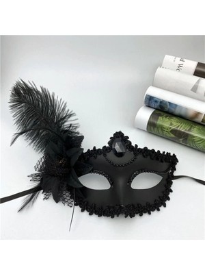 Eco Lounge Siyah Mat Renk Yandan Tüylü Güllü Parti Balo Venedik Maskesi