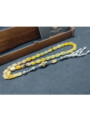 İskeçe Tesbih Ahşap Kutulu  6.75 Gr. Gümüş Püsküllü Toprak Fosi̇lli̇ 14.15 Gr. Rus Kaya Damla