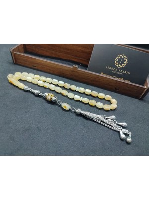 İskeçe Tesbih Ahşap Kutulu  6.75 Gr. Gümüş Püsküllü Toprak Fosi̇lli̇ 11.80 Gr. Rus Kaya Damla