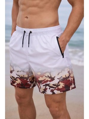 ModaSize Erkek Deniz Şortu Fermuarlı Cepli File Astarlı Hızlı Kuruyan Premium - Beyaz