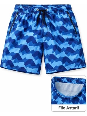ModaSize Erkek Deniz Şortu Fermuarlı Cepli File Astarlı Hızlı Kuruyan Premium - Mavi