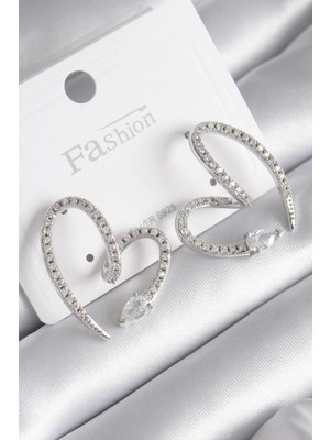 Eco Lounge Pirinç Gümüş Renk Zirkon Taşlı Yılan Kalp Model Kadın Küpe