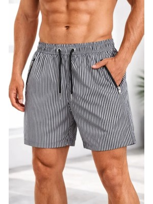 ModaSize Erkek Deniz Şortu Fermuarlı Cepli File Astarlı Hızlı Kuruyan Premium - Siyah