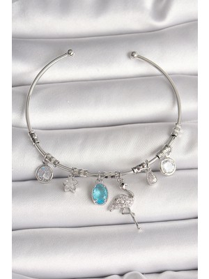 Eco Lounge Pirinç Gümüş Renk Sallantı Zirkon Taşlı Filaminga Figür Charm Kadın Bileklik