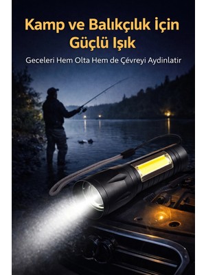Eco Lounge USB Şarjlı Zoomlu Mini El Feneri Yan Cob LED Q5 Güçlü Işık Sos Mod Kutulu Kamp ve Balıkçı Feneri