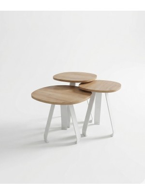 Cnr Endüstri Premium Dekoratif Modüler Orta Sehpa Seti – 3'lü Iç Içe Geçebilir Zigon Tasarım (Safir Meşe Kaplama/ Mat Beyaz)