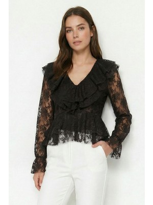 Rays Siyah V Yaka Önü Fırfırlı Dantelli Bluz 8490
