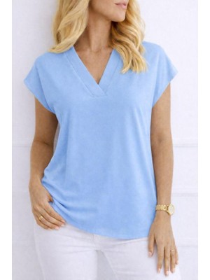 Beruflic Kadın V Yaka Kısa Kol Dokuma Viskon Kumaş Bluz