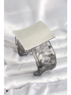 Eco Lounge Siyah Mermer Desen Akrilik Plastik Gümüş Kare Plaka Model Vintage Kadın Bilezik