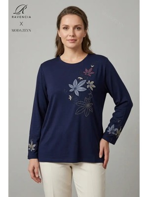 Ravencia Kadın Renkli Çiçek Yaprak Desenli Yaka ve Etek Taşlı Işlemeli Yırtmaçlı Likralı Anne Penye Bluz