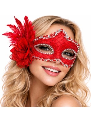 Eco Lounge Kırmızı Tüylü Venedik Lüks Balo Maskesi