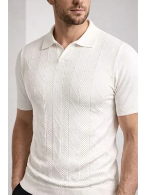 ModaSize Erkek Yazlık Triko Dokuma Tişört Kısa Kol Polo Yaka T-Shirt - Beyaz