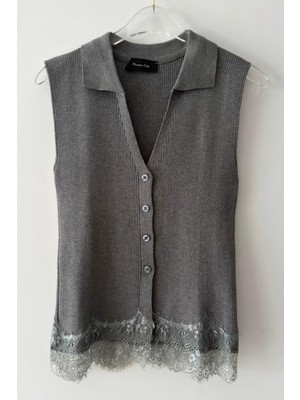 Purple By Banu Gri Dantel Detay Triko