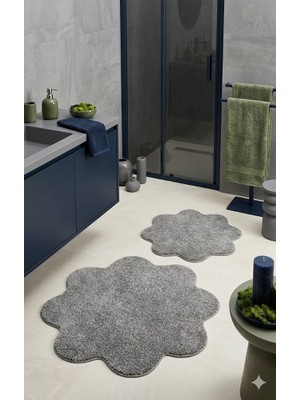 Eurobano Shaggy Papatya Desenli 2'li Set Banyo Paspası 100X100 60X60 Kaymaz Taban Yıkanabilir Banyo Seti