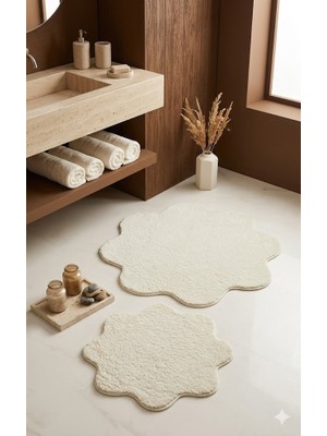 Eurobano Shaggy Papatya Desenli 2'li Set Banyo Paspası 100X100 60X60 Kaymaz Taban Yıkanabilir Banyo Seti