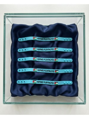 Zaytoon 5\'li Filistinli \"hepimiz Filistinliyiz\" Mavi Kokolu Lastik Ayarlanılabilir El Bileklik A300074-05