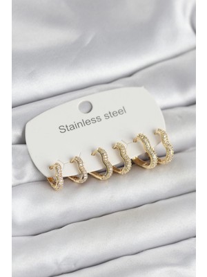 Erbilden Erb 316L Çelik Gold Renk 6'lı Set Kalp Form Kadın Küpe