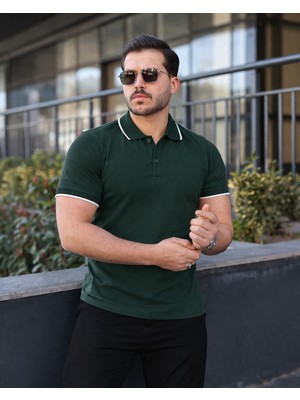 Comstar Erkek Günlük Çizgili Pamuklu Haki Polo Yaka Tişört
