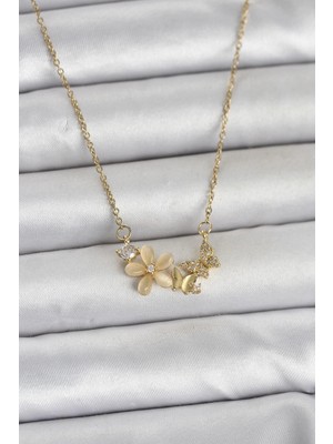 Erbilden Erb 316L Çelik Zincir Gold Renk Çiçek ve Kelebek Model Kadın Kolye
