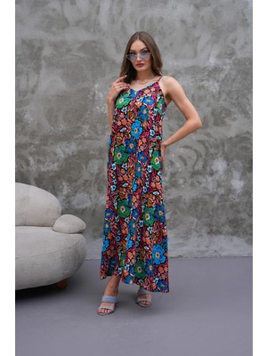 Navy Tam Boy Askılı Pileli Viskon Elbise