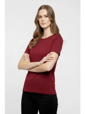 Modi Green Kadın Bordo Bisiklet Yaka Slim Fit Likralı Günlük Basic Body Tişört