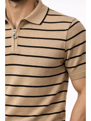Modi Green Erkek Günlük Stil Kahverengi Triko Polo Yaka Fermuarlı Çizgili Yazlık Şık Tişört
