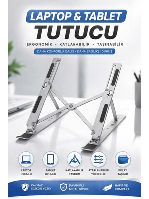 Rose Teknoloji Ayarlanabilir Laptop ve Tablet Standı 7 Kademeli Yükseklik Ayarı Katlanabilir Metal Notebook Tutucu Kaymaz Tabanlı  Taşınabilir Stand